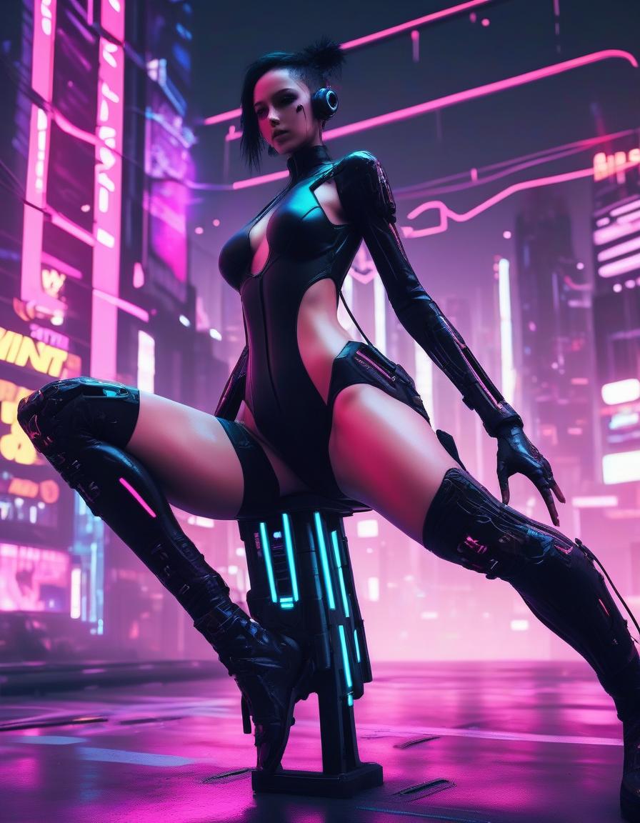  cyberpunk game style hight resolution. . skinny, (mive :1.5), black bodysuit with legs. . neon, dystopian, futuristic, digital, vint, detailed, high contrast, reminiscent of cyberpunk genre video games