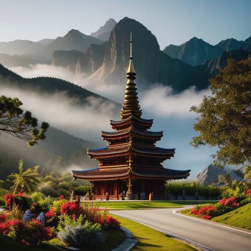  A temple surrounded by small mountains hyperrealistic, full body, detailed clothing, highly detailed, cinematic lighting, stunningly beautiful, intricate, sharp focus, f/1. 8, 85mm, (centered image composition), (professionally color graded), ((bright soft diffused light)), volumetric fog, trending on instagram, trending on tumblr, HDR 4K, 8K