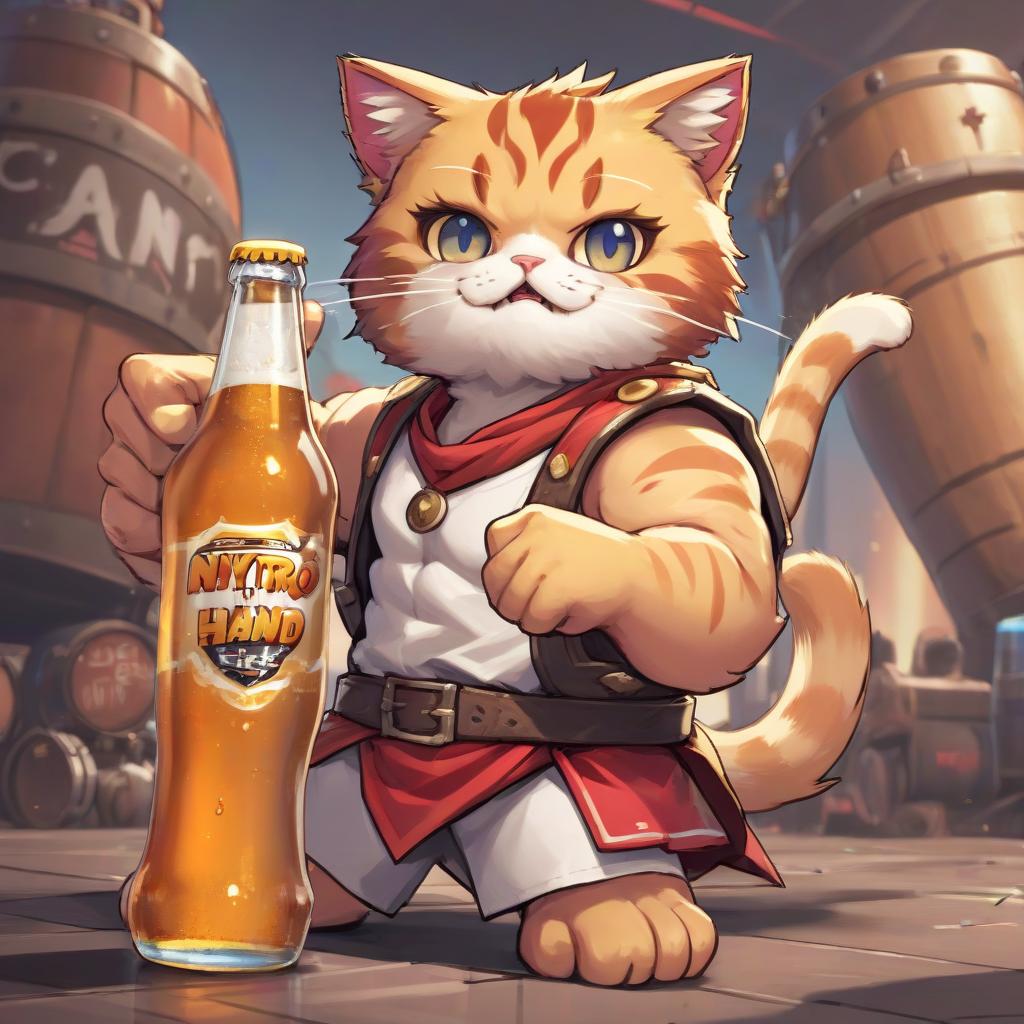  fighting game style jesus in one hand is a cute cat, in the other bottle of beer he should be on the tank and right in the middle is the name of the clan nytro . dynamic, vibrant, action packed, detailed character design, reminiscent of fighting video games