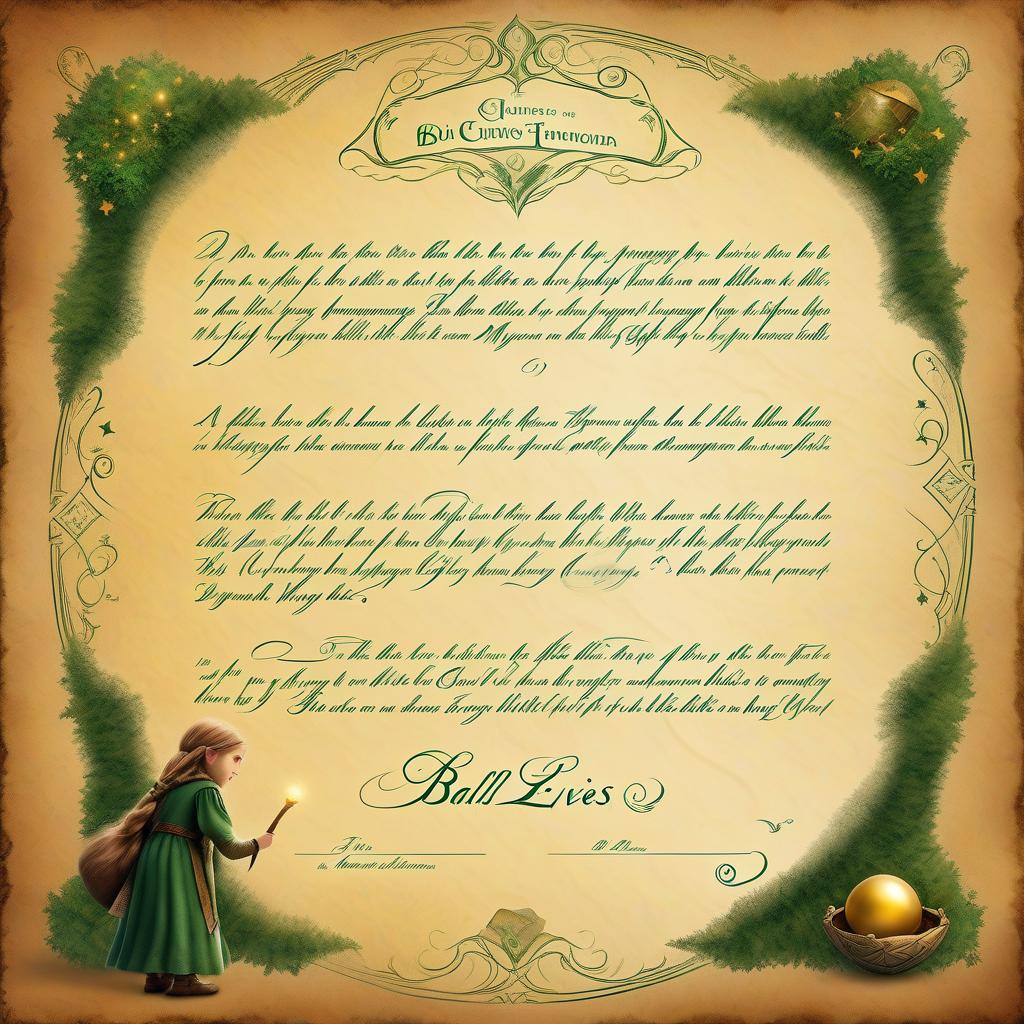  a big letter in a fictional language, an invitation to a ball for a little girl, magic, elves, craft paper, fantasy, hobbits, full screen letter