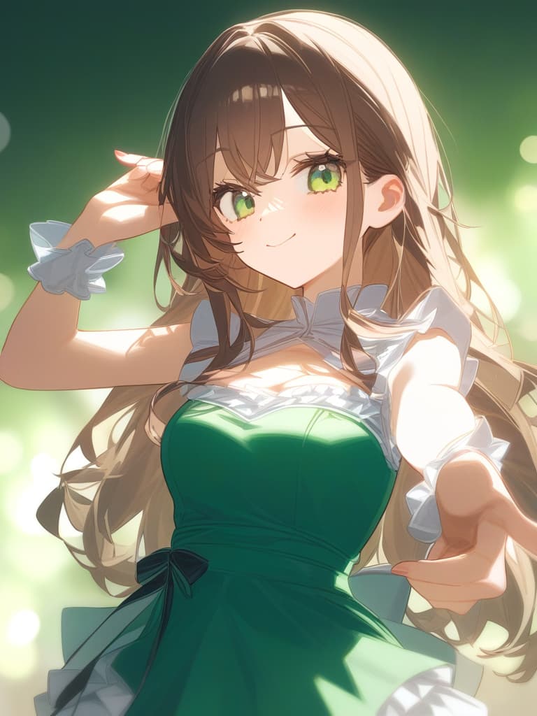  cute face focus,cute,brown hair,green eyes,y posing,frill onepiece,long hair