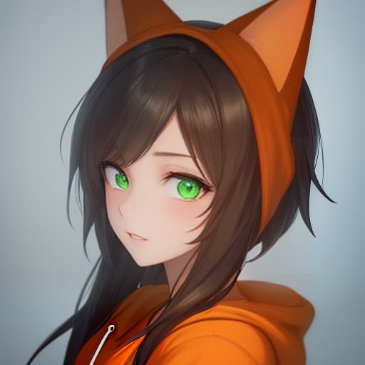  A boy in an orange hoodie, animal ears, and green eyes. hyperrealistic, full body, detailed clothing, highly detailed, cinematic lighting, stunningly beautiful, intricate, sharp focus, f/1. 8, 85mm, (centered image composition), (professionally color graded), ((bright soft diffused light)), volumetric fog, trending on instagram, trending on tumblr, HDR 4K, 8K