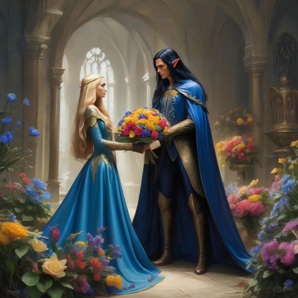  an elf man in a blue cape, with long black hair, gives a multi colored bouquet to an elf woman with golden long hair