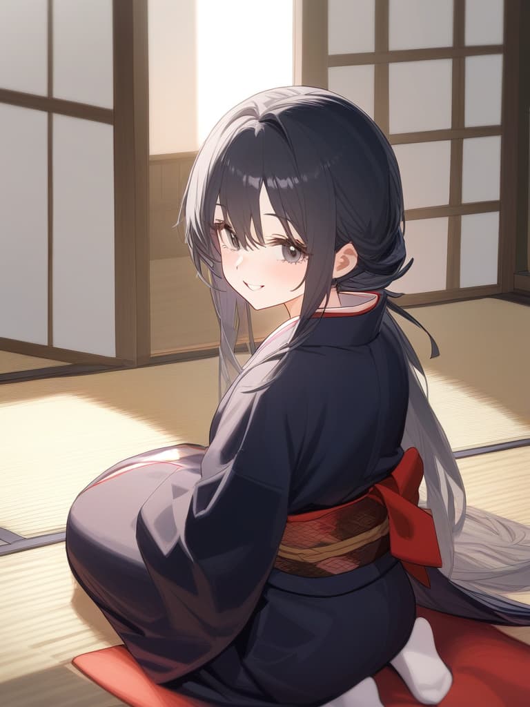  1girl,black hair,black eyes,long hair,kimono,bangs trimmed hair tips,smile gently,seiza,japanese style room,japanese style hair