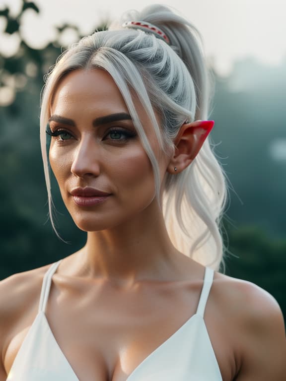  breathtaking , Elf , beautiful, sophisticated, with regular body shapes, with white hair tied in a ponytail, , , high detail, high resolution, . award winning, professional, highly detailed. hyperrealistic, full body, detailed clothing, highly detailed, cinematic lighting, stunningly beautiful, intricate, sharp focus, f/1. 8, 85mm, (centered image composition), (professionally color graded), ((bright soft diffused light)), volumetric fog, trending on instagram, trending on tumblr, HDR 4K, 8K