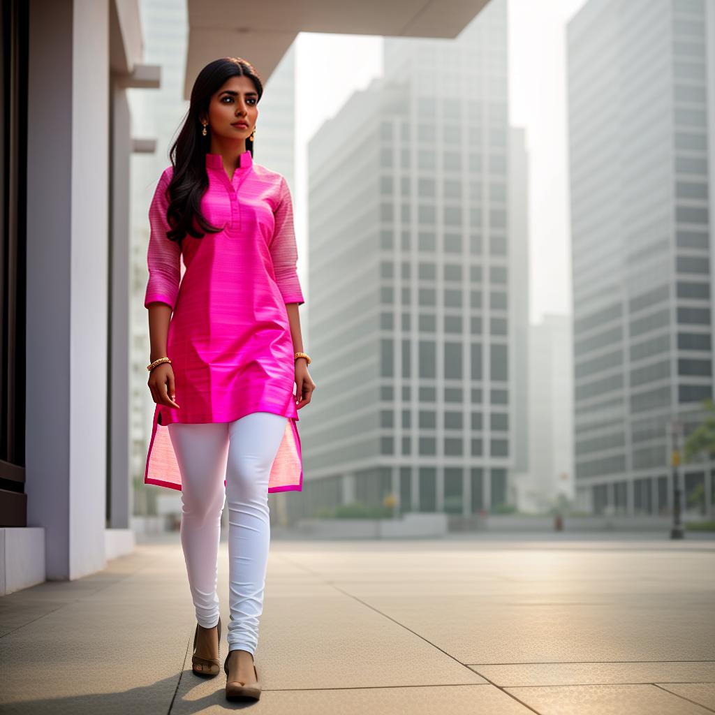  Indian woman wearing pink kurta and tights white leggings , hyperrealistic, high quality, highly detailed, cinematic lighting, intricate, sharp focus, f/1. 8, 85mm, (centered image composition), (professionally color graded), ((bright soft diffused light)), volumetric fog, trending on instagram, HDR 4K, 8K