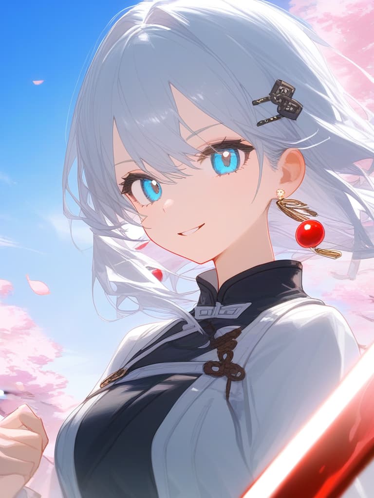  beauty girl,perfect girl,girl,hakama,袴,hairpin,簪,japanese style,transparent sword,stinking eyes,ジト目,cool,beauty,cherry blossom earrings,turn this way,white hair,sky blue eyes,beautiful eyes,white eyelashes,close,smile