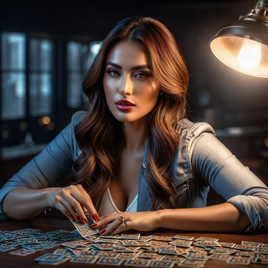   hot , show puzzle card game in front of her, ultra realistics and detailed images hyperrealistic, full body, detailed clothing, highly detailed, cinematic lighting, stunningly beautiful, intricate, sharp focus, f/1. 8, 85mm, (centered image composition), (professionally color graded), ((bright soft diffused light)), volumetric fog, trending on instagram, trending on tumblr, HDR 4K, 8K