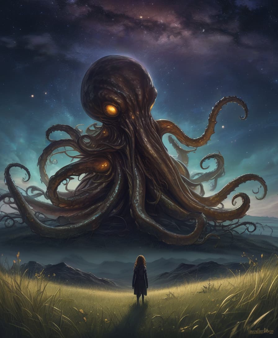  lovecraftian horror amber lies in the grass, an endless wasteland. starry sky . eldritch, cosmic horror, unknown, mysterious, surreal, highly detailed, hkmagic