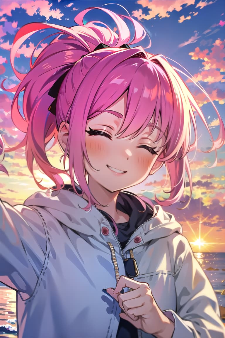  r 18, , middle , pink haired ,ponytail,large eyes,wearing a , arms raised, hands behind her head. She tilts her face up towards the sun, eyes closed, radiating happiness.