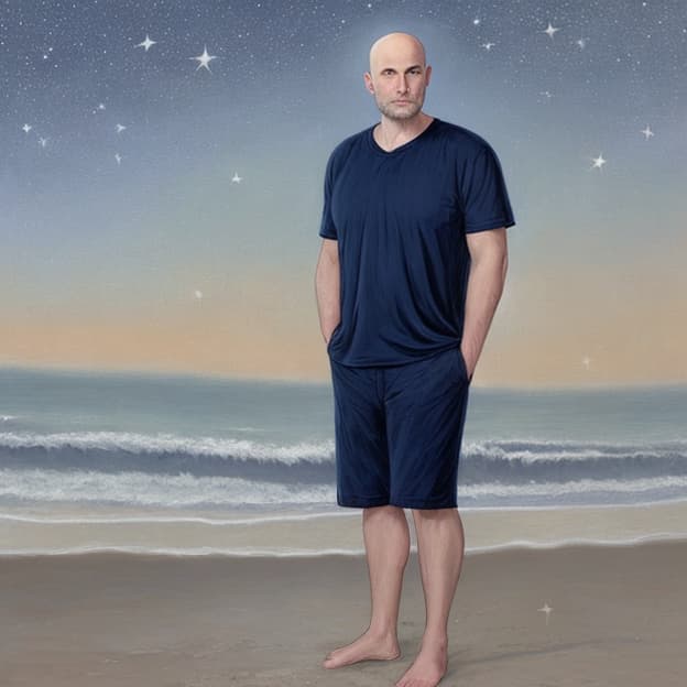  a stunning, realistic portrayal of a full moon illuminating a serene beach at night. the scene features a bald man standing near the shoreline, gazing up at the moon. the moon's bright silvery light casts reflections on the gentle waves, creating a magical atmosphere. the beach is adorned with soft white sand, and a few distant palm trees sway gently in the breeze. the sky is a deep navy blue, scattered with twinkling stars, adding to the tranquil ambiance. the bald man, with a contemplative expression, is dressed in casual beach attire, embodying a relaxed, peaceful demeanor.