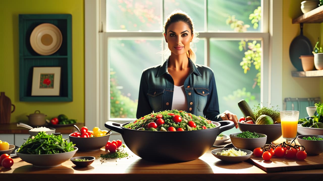  a vibrant kitchen scene featuring colorful vegan dishes: a bright salad bowl filled with mixed greens, cherry tomatoes, and avocados; a steaming pot of quinoa; and a platter of grilled vegetables, all surrounded by fresh herbs. hyperrealistic, full body, detailed clothing, highly detailed, cinematic lighting, stunningly beautiful, intricate, sharp focus, f/1. 8, 85mm, (centered image composition), (professionally color graded), ((bright soft diffused light)), volumetric fog, trending on instagram, trending on tumblr, HDR 4K, 8K