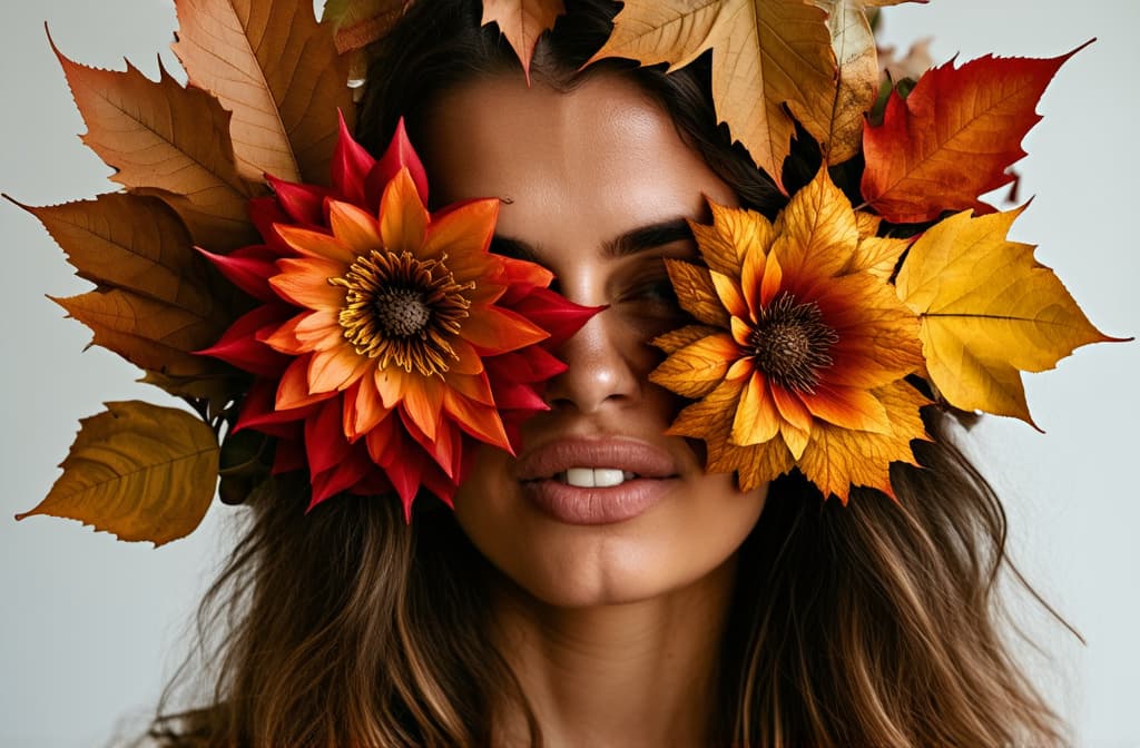  a portrait of a young woman in a creative style with a large floral arrangement and autumn leaves ((((covering her face)))), ar 3:2, (natural skin texture), highly detailed face, depth of field, hyperrealism, soft light, muted colors