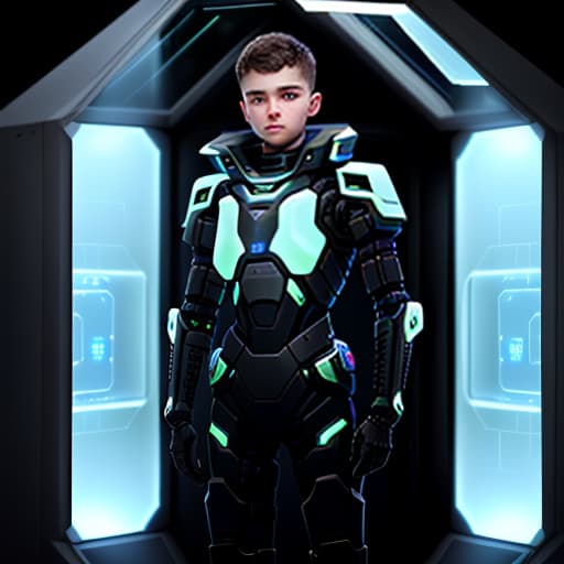  young tought man, in focus, wearing a futuristic military style exoskeleton, elbow length, standing in front of a glowing cryochamber, background slightly blurred