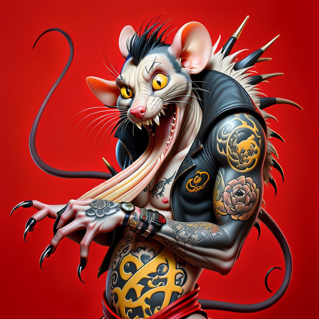  professional 3d model the rat is bald in a tattoo . a very scary rat with long sharp nails. the rat is in a terrible position. long yellow rat teeth . red background. big black eyes. the rat has two hands. one rat's foot on the shoulder . octane render, highly detailed, volumetric, dramatic lighting, sticker