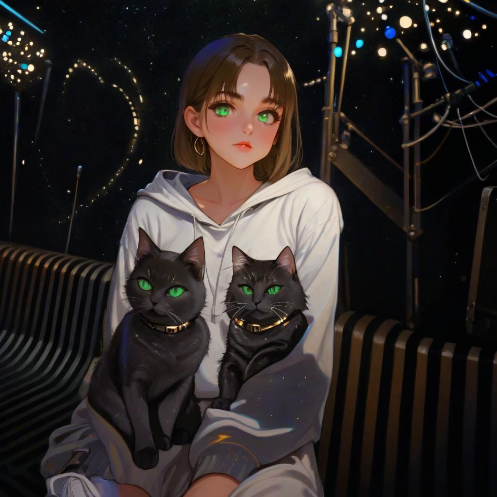  girl with dark green eyes, two cats, spotlights, stage, space in the background, love of music, idol