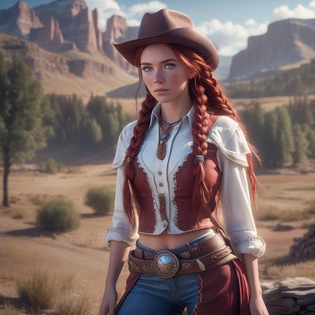  hd 4k 3d professional modeling photo hyper realistic beautiful enchanting cowgirl woman dark red hair braids fair skin freckles blue eyes gorgeous face cowgirl outfit magical western country landscape hd background ethereal mystical mysterious beauty full body