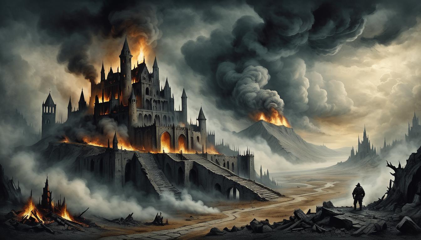  on parchment, surrealism+++, apocalyptic vision with dark clouds, crumbling landmarks, fire and smoke, desolate atmosphere(mysterious, provocative, symbolic,muted color)+++