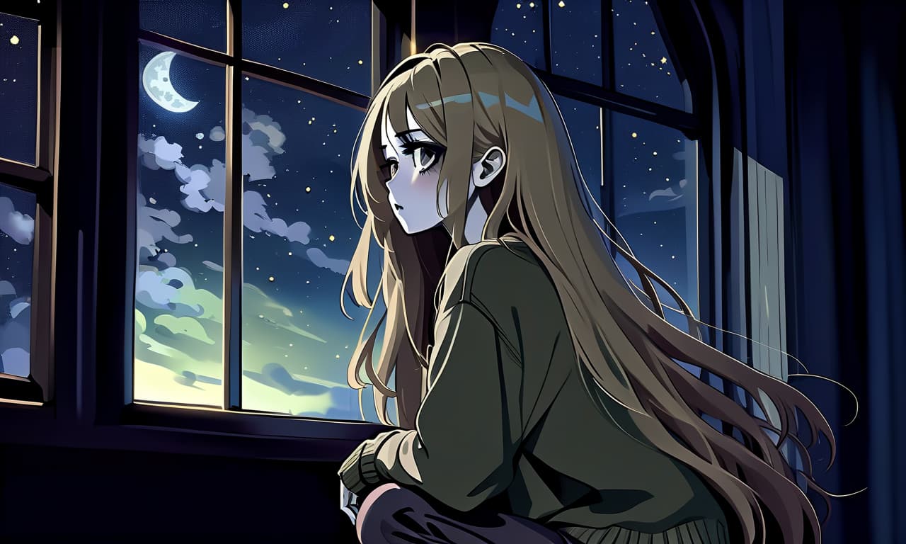  macabre style the girl in the anime style with long hair sits in front of the window at night wearing a khaki sweater and pants. the girl looks out the window at the starry sky of the night with black lower eyelids under the eyes of a specific color full of fear of the unknown and curiosity. she pulls her hand up towards the night sky. . dark, gothic, grim, haunting, highly detailed