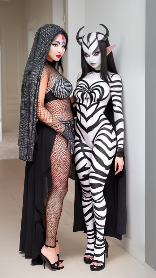  Black and White Spider-patterned body paint in every corner of the whole body, full-body, silver body paint, White face paint on the face,Two Dark elfs 女性