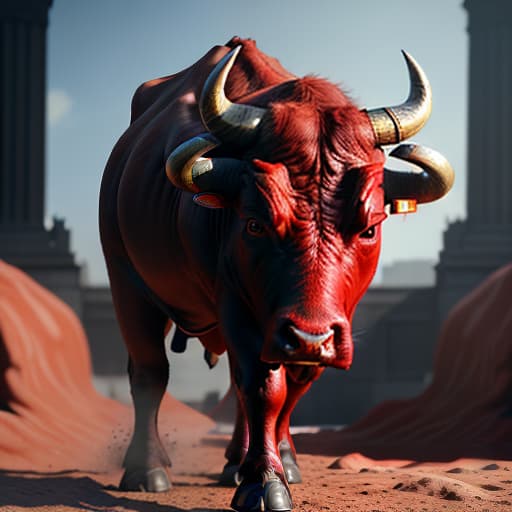  draw a bull a red color, perfect background, shot 35 mm, realism, octane render, 8k, trending on artstation, 35 mm camera, unreal engine, hyper detailed, photo realistic maximum detail, volumetric light, realistic matte painting, hyper photorealistic, trending on artstation, ultra detailed, realistic