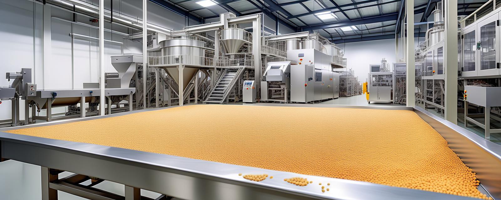  hdr photo of production line at the plant for the production of dry food for cats and dogs. white walls new equipment . high dynamic range, vivid, rich details, clear shadows and highlights, realistic, intense, enhanced contrast, highly detailed, perfect hands