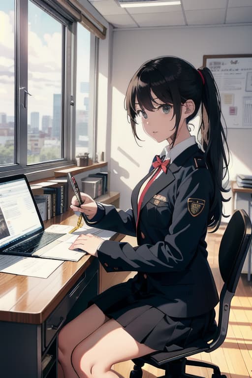  \"a high studying in a clroom. she is wearing a neat uniform, sitting at a desk with books and stationery out. the clroom has large windows letting in natural light, and there are posters on the walls. the has an engaged and focused expression as she writes in her notebook.\", advertising photo,high quality, good proportion, masterpiece , the image is captured with an 8k camera