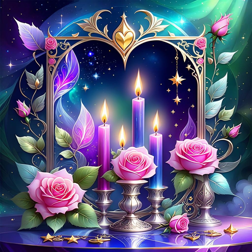  ethereal fantasy concept art of (background):colour:violet blue. (background decoration):silver frames in the shape of hearts and gold fancy stars. (centre):glass square pink candlestick and lighter decorated with fancy roses. (rose colour):pink, dark pink, with cream border. (leaf colour):dark green, green blue, light green. (style):fantasy, fantasy art design, jewellery, interior. . magnificent, celestial, ethereal, painterly, epic, majestic, magical, fantasy art, cover art, dreamy, civitai, hkmagic