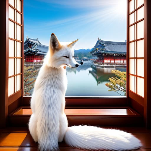  japanese fox kitsune in white kimono, white skin with blue patterns. the fox holds a wooden box of dark brown color decorated with carved ornament with rubies inside. behind nine tails. the imperial palace. sunlight penetrates the windows. high detail. realism.