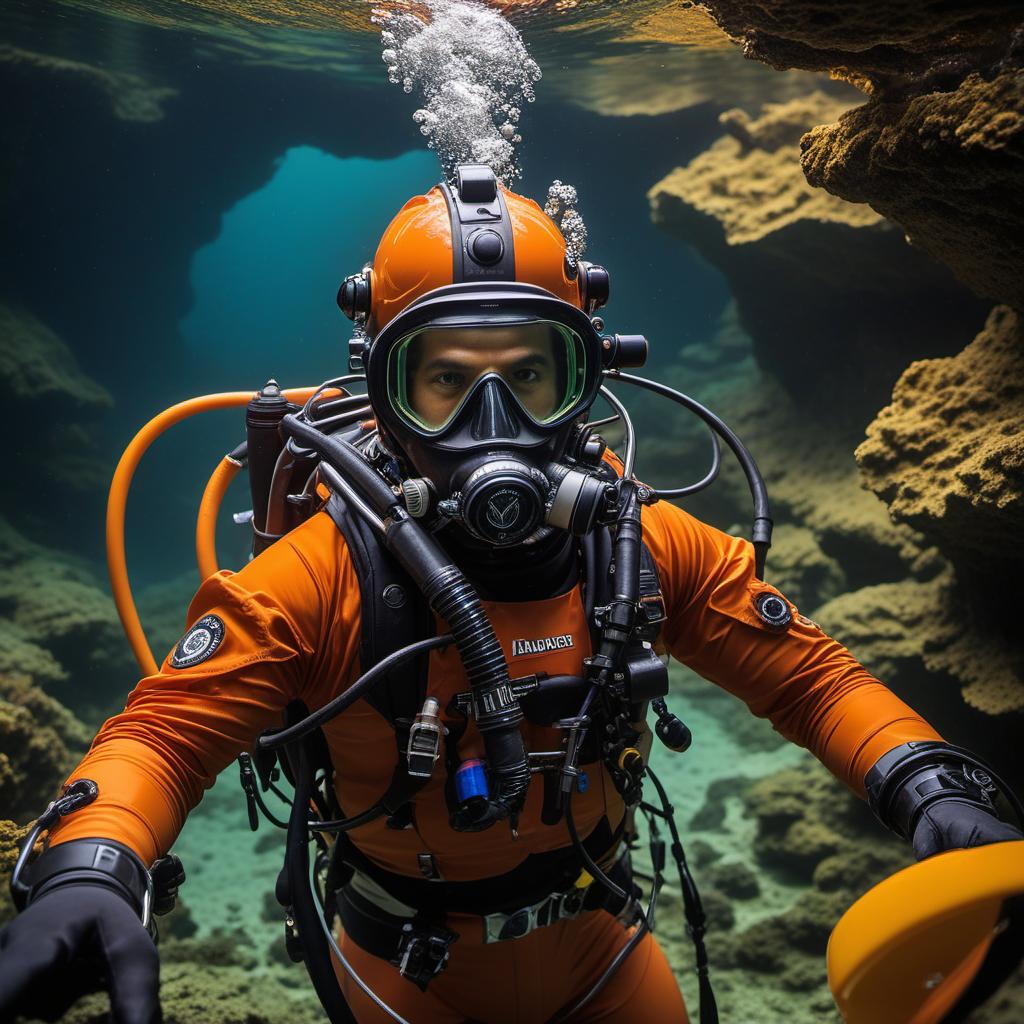  jb name, male, rebreather diver, thick loops, helmet in orange, cave diver, underwater, face view diver, fresh water, shoulder view, jb, mystical style