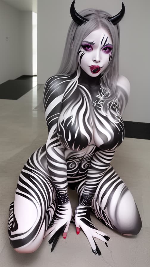  Black and White flame pattern body paint in every corner of the whole body, Grey body paint full body, Grey face paint on the face, two succubus sisters, full body image 女性