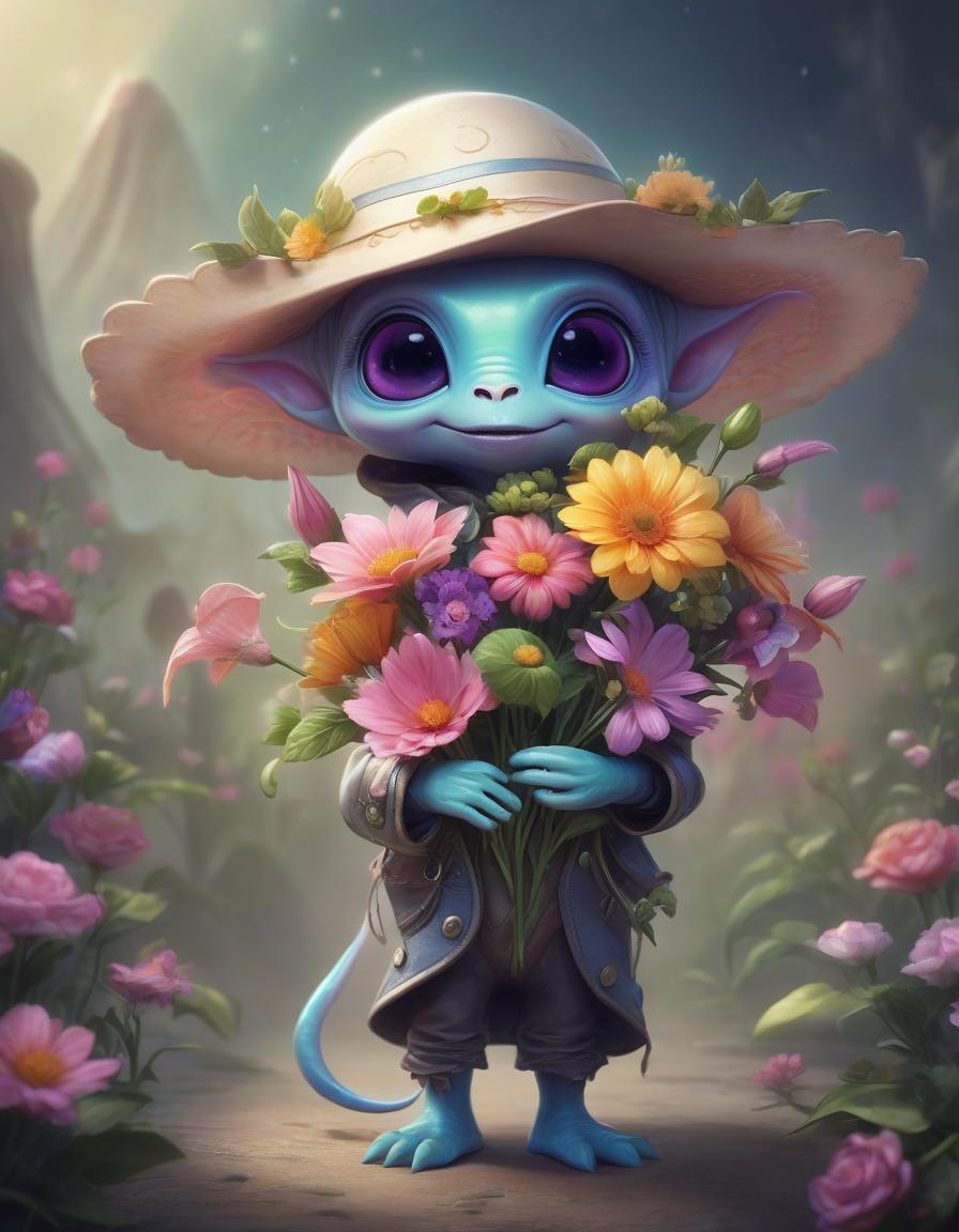  a high quality professional photo of a cute friendly alien creature in a hat and holding flowers, whimsical, character design, colorful, fantasy art, detailed, cute, digital painting, front view, medium shot, 4k