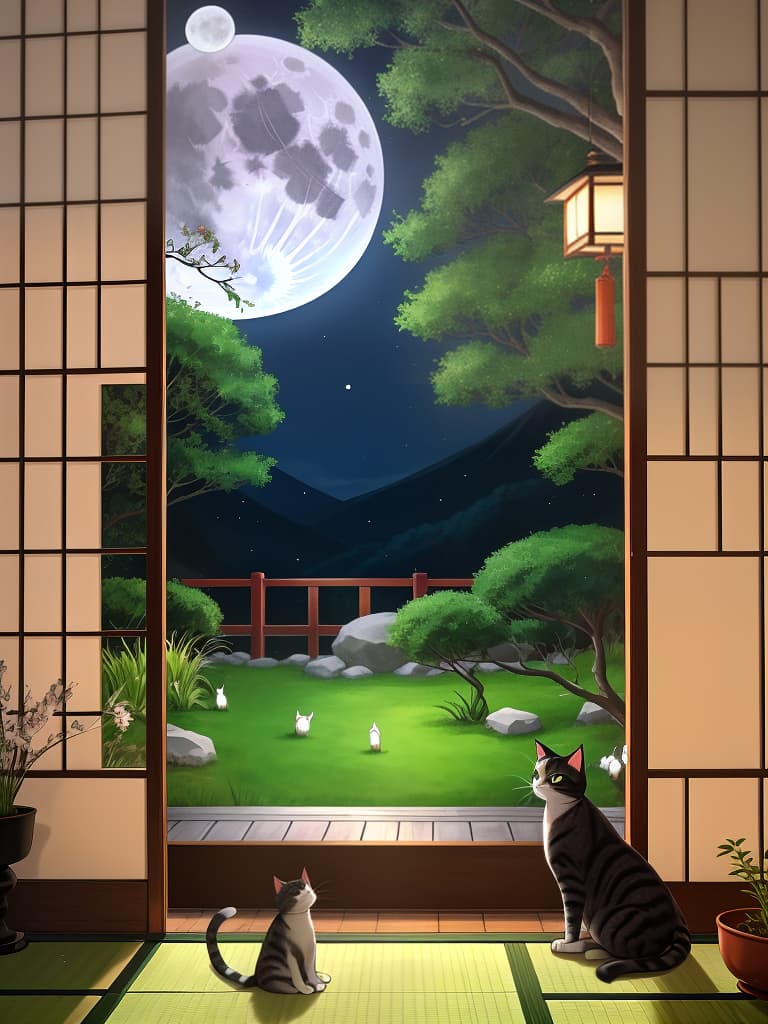  1cat ,japanese cat,nature,animal focus,looking outside from the japanese style room,cosmos field ,cat sitting on the porch ,full moon night,