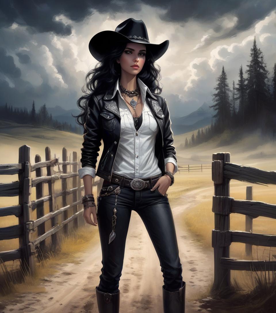  a stunning dark fantasy concept art piece featuring a close up portrait of a fashionable woman. her black and white leather cowhide jacket, white denim shirt, and matching black jeans are accessorized with a black cowboy hat, a statement necklace, and a belt adorned with an intricate buckle. her wavy black hair cascades down her shoulders, framing her intense, distant gaze. she stands before a rustic wooden fence, against a backdrop of a mesmerizing artistic sky, achieved through skillful brushstrokes. the overall atmosphere exudes a sense of mystery and intrigue.