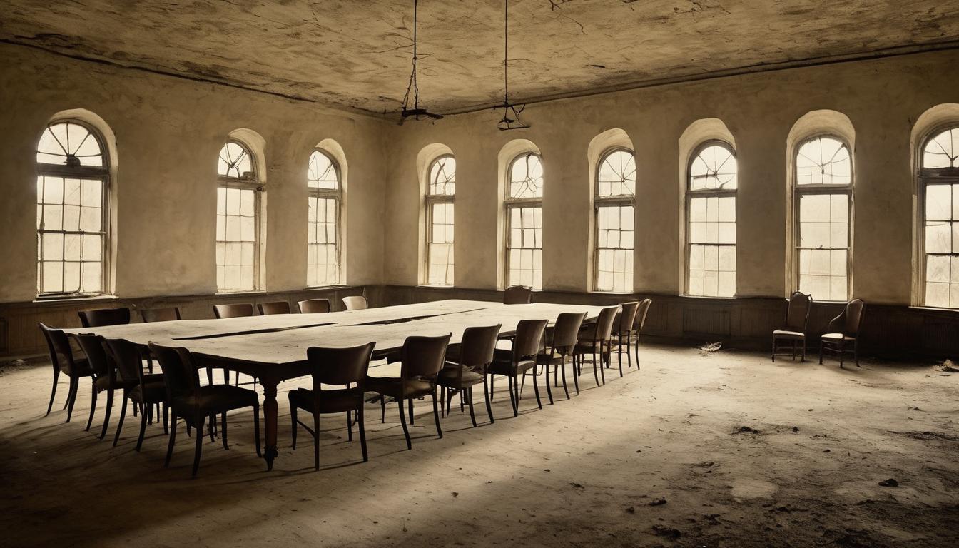  on parchment, surrealism++, abandoned meeting hall, empty chairs gathering dust, windows casting eerie light, sense of non reconnection(mysterious, provocative, symbolic)++