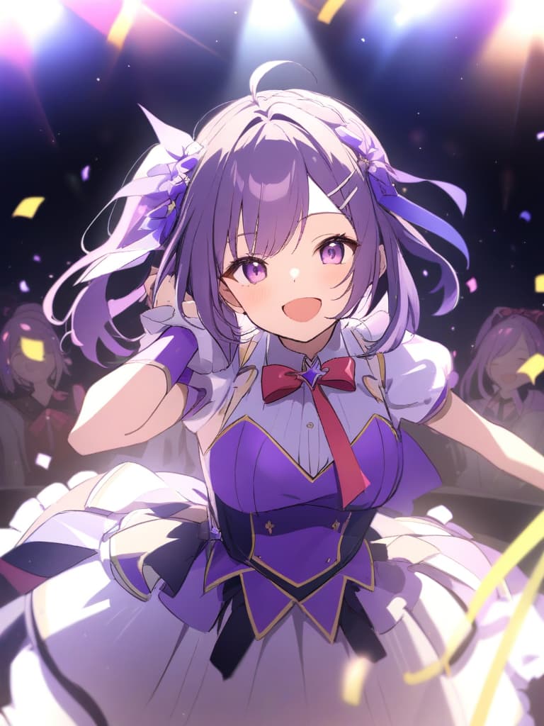  (piece flies), (maximum quality), very detail, fine, fine, vivid, (shining skin), (shining skin), ((one girl)), focus only, [diagonally downward, dynamic, dynamic jump, ((big smile)), wink, perfect face, beautiful face, very detailed face (long purple hair purple eyes: 1.3), idol costumes, idols only, ribbon hair ornaments, concert dome, live, microphone, sing, open and laugh, laser light, spotlight, confetti