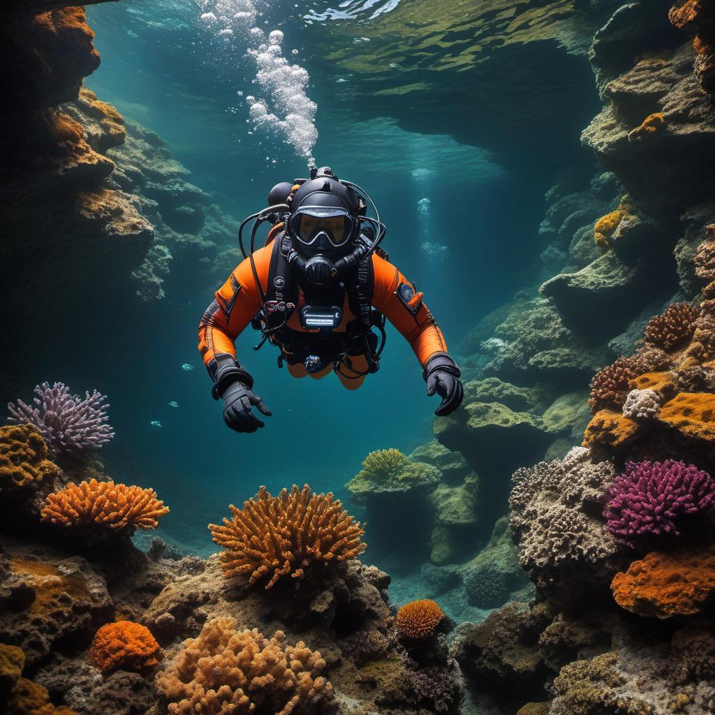  jb name, male, rebreather diver, thick loops, helmet in orange, cave diver, underwater, face view diver, fresh water, shoulder view, jb, space style