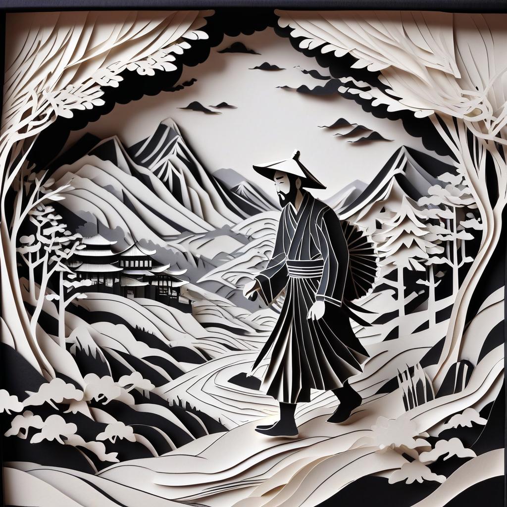  kirigami representation of black and white painting: portrait of a chinese peasant walking in the mountains. chinese fanzines are on the horizon. . 3d, paper folding, paper cutting, japanese, intricate, symmetrical, precision, clean lines