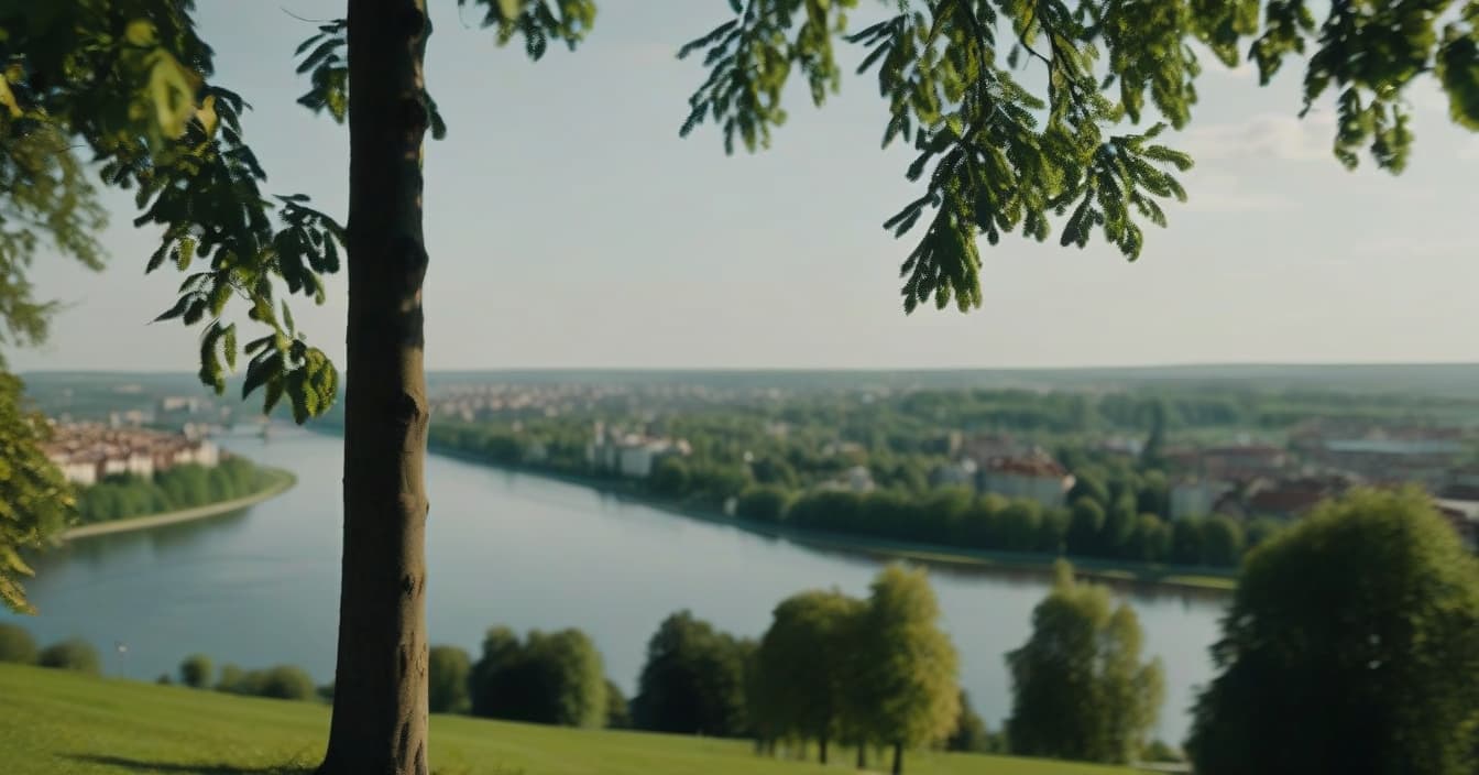  cinematic photo realistic landscape on a hill, a metropolis in the distance, a linden tree on the left and a linden tree on the right, a sunny summer day, a wide angle camera, a park, a lake reflects trees, cinematic, a view from below . 35mm photograph, film, bokeh, professional, 4k, highly detailed