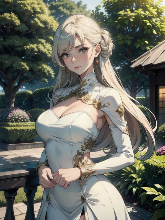  master piece, best quality, ultra detailed, highres, 4k.8k, elegant woman, posing for a photo shoot, confident, break luxurious fashion event, exclusive rooftop garden, lush greenery, elegant furniture, professional camera equipment, break sophisticated and glamorous, soft elegance, ethereal beauty, captivating style, gentle sunlight filtering through the foliage, mecha musume