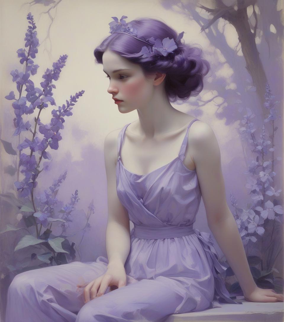  subject: artists: mann, gammell, kley, goldin, gerome, quentin blake, gibson, anne bachelier, alberto vargas, bouguereau, n.c. wyeth, rockwell, parrish, dan seagrave, hopper style: color palette: lilac, lavender, periwinkle techniques: details: idyllic, innocence, cinematic, painting, photo, portrait photography, conceptual art, illustration