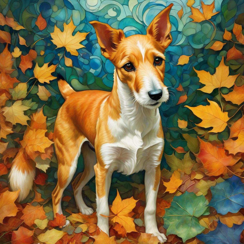  (double exposure: 1.9) and interpenetration of layers and textures. expression. digital image of the dog (fox terrier dogs: 1, 5). detailed dog exterior. carefully drawn wool. harmony. background: surreal abstractionism and decorative motifs of autumn, autumn leaves, pumpkins, terracotta, gold, orange, deep green and blue. in art nouveau style, romanticism, dreaminess, beauty, plateresco, fantasy. in the manner of the works of jasmine beckett griffith, david galchutt, mab graves, julie dillon, yutaka kagai. hyperdetailing. the complexity of the background, attention to detail. 32k