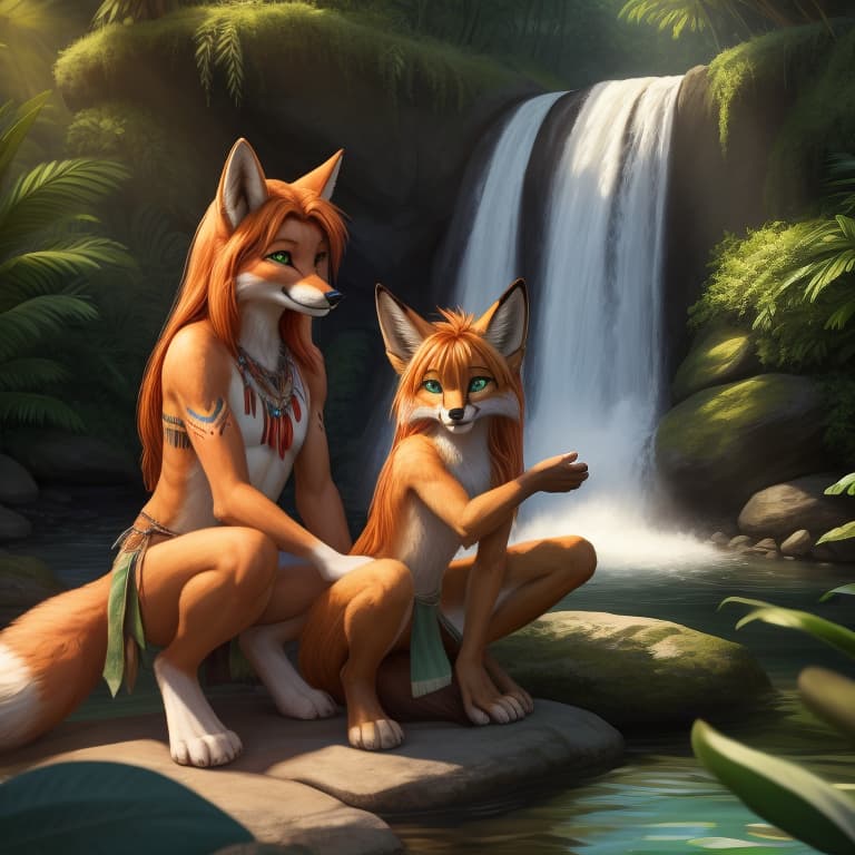  Fox, female, (((young))), (((short))),((())), (((flat ))), cute, green eyes, ((())), ((())), digitigrade , ((((anatomically correct)))), crouched, loin cloth, , tribal, jungle, waterfall, pond, beautiful, long hair, furred body, orange fur, orange hair, tribal markings, crotch, mother and , duo,, open eyes, digital art, masterpiece, 4k, fine details,