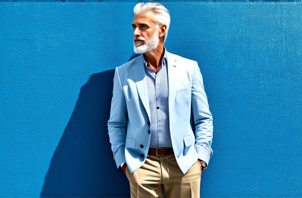  portrait of handsome stylish elegant older man with white hair and beard, looking away, standing in fashionable model pose near bright wall, keeping hands in pockets. bright daylight ar 3:2 {prompt}, maximum details