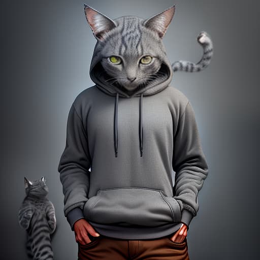  gray cat of low growth humanoid species, in brown pants and blue hooded sweatshirt, counts on the calculator, 4k, adventurous , wild , captivating , by david yarrow, nick brandt, art wolfe, paul nicklen, joel sartore