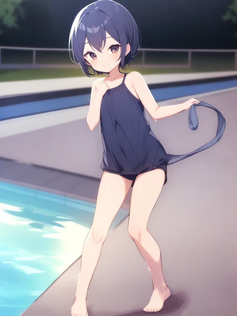  elementary students, s, transveses, short stages, old swimwear (dark blue old swimwear), male (clear swelling, chinchin), cute smile face, short hair, whole body, pool, pool,