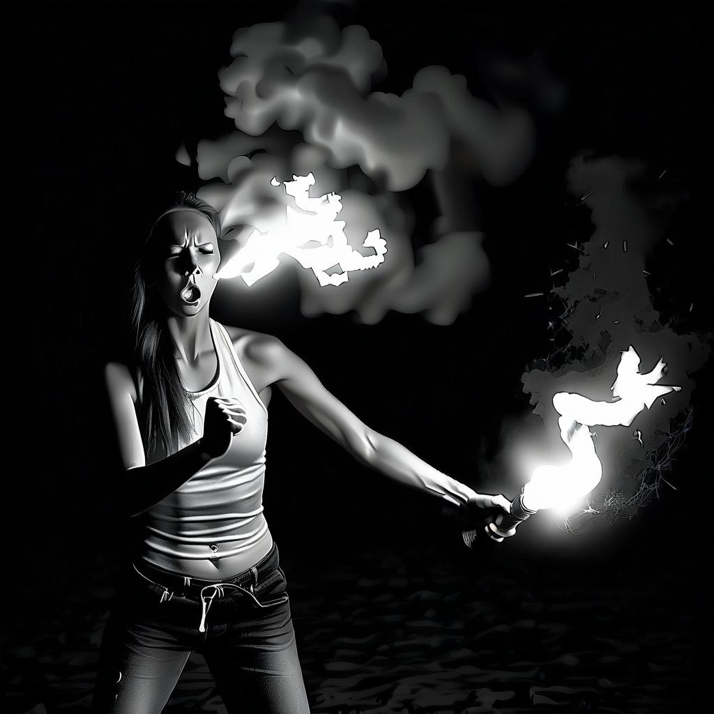  monochrome the girl is doing a fire show. breathing fire. there is a torch in his hand. lightning strikes all around . black and white, contrast, tone, texture, detailed