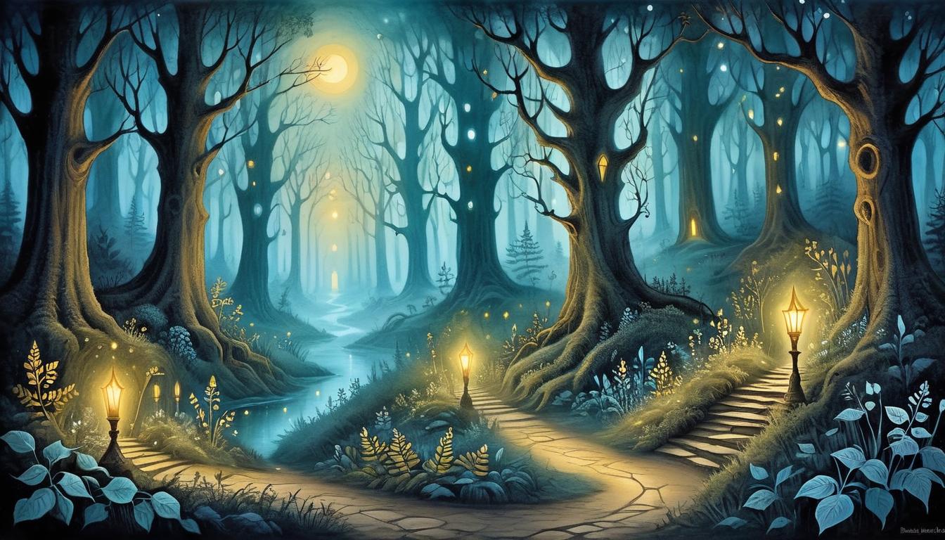  on parchment, surrealism+++, enchanted forest at night, glowing pathways, trees with sparkling leaves, sense of guidance and clarity, mystical atmosphere(mysterious, provocative, symbolic,muted color)+++