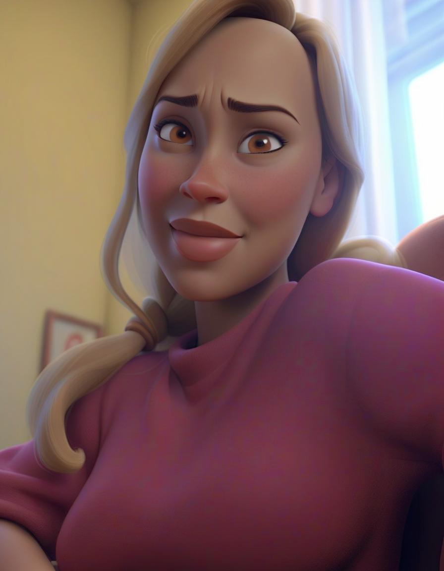  professional 3d model image in the style of pixar cartoons. the woman's face remains unchanged, as in the original photo. modest smile. plump lips. brown eyes. add image contrast. . octane render, highly detailed, volumetric, dramatic lighting