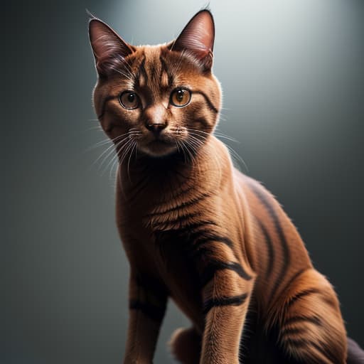  To create a body builder cat with the help of brown colored cat and eye. The background is green in color hyperrealistic, full body, detailed clothing, highly detailed, cinematic lighting, stunningly beautiful, intricate, sharp focus, f/1. 8, 85mm, (centered image composition), (professionally color graded), ((bright soft diffused light)), volumetric fog, trending on instagram, trending on tumblr, HDR 4K, 8K